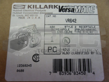 NEW HUBBELL VR642 KILLARK 60 AMP RECEPTACLES, 4-POLE, 3-WIRE, 600VAC/250VDC