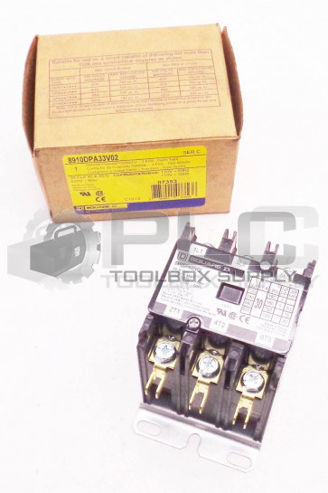 NEW SQUARE D 8910DPA33V02 /C CONTACTOR 600VAC MAX 30 AMP 110/120VAC COIL 50/60HZ