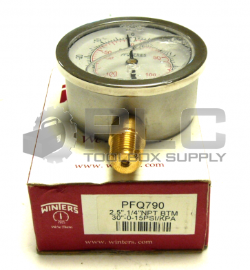 NEW IN BOX WINTERS PFQ790 GAUGE 2.5", 1/4" NPT BTM 30" -0-15 PSI/KPA