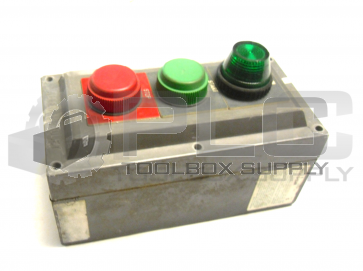 ALLEN BRADLEY 800H-3HZ4R /C ENCLOSURE W/ 2 PUSH BUTTONS AND GREEN LIGHT 