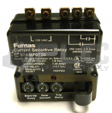 FURNAS 97AMF0728 CURRENT SENSITIVE RELAY 250 VAC, 2.5 AMP