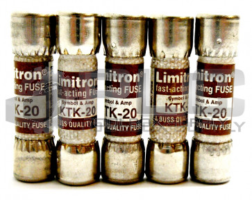 LOT OF 5 NEW BUSS FUSES KTK-20 FUSE 20 AMP 600 VAC FAST-ACTING