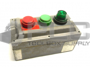 ALLEN BRADLEY 800H-3HZ4R /C ENCLOSURE W/ 2 PUSH BUTTONS AND GREEN LIGHT 